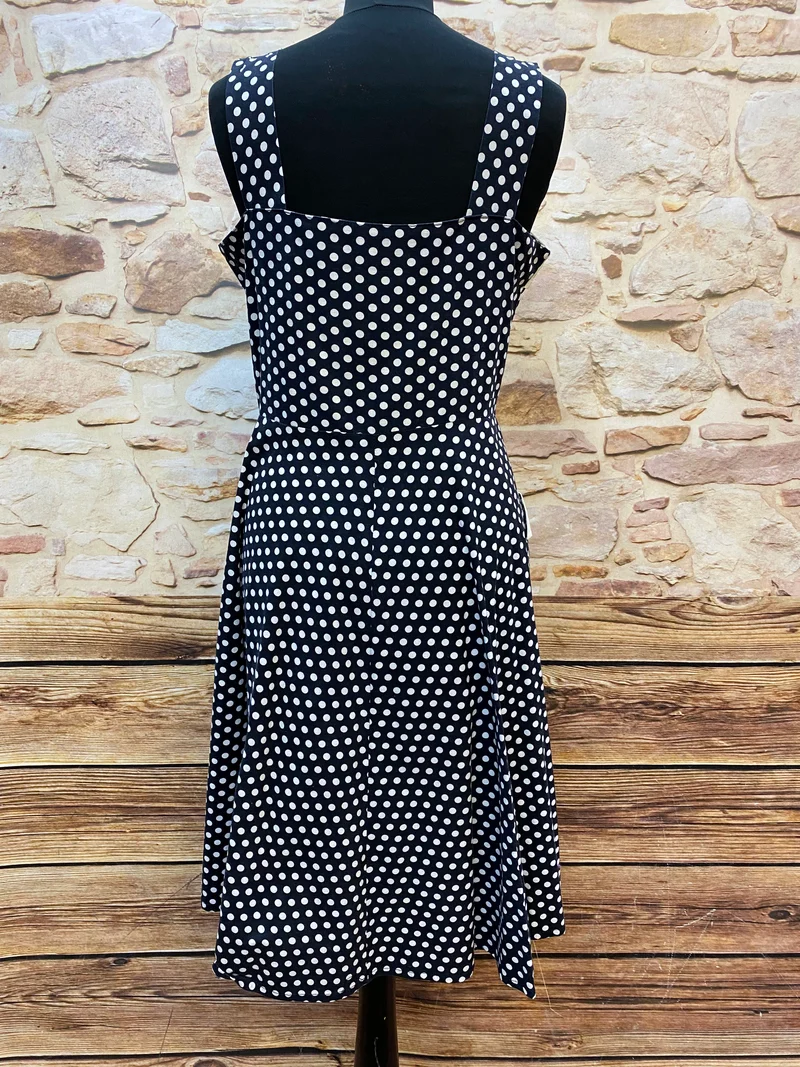 50er Jahre Kleid Schwarz Weiß Gr. 40 – gepunktetes Rockabilly Kleid mit Creme-Details