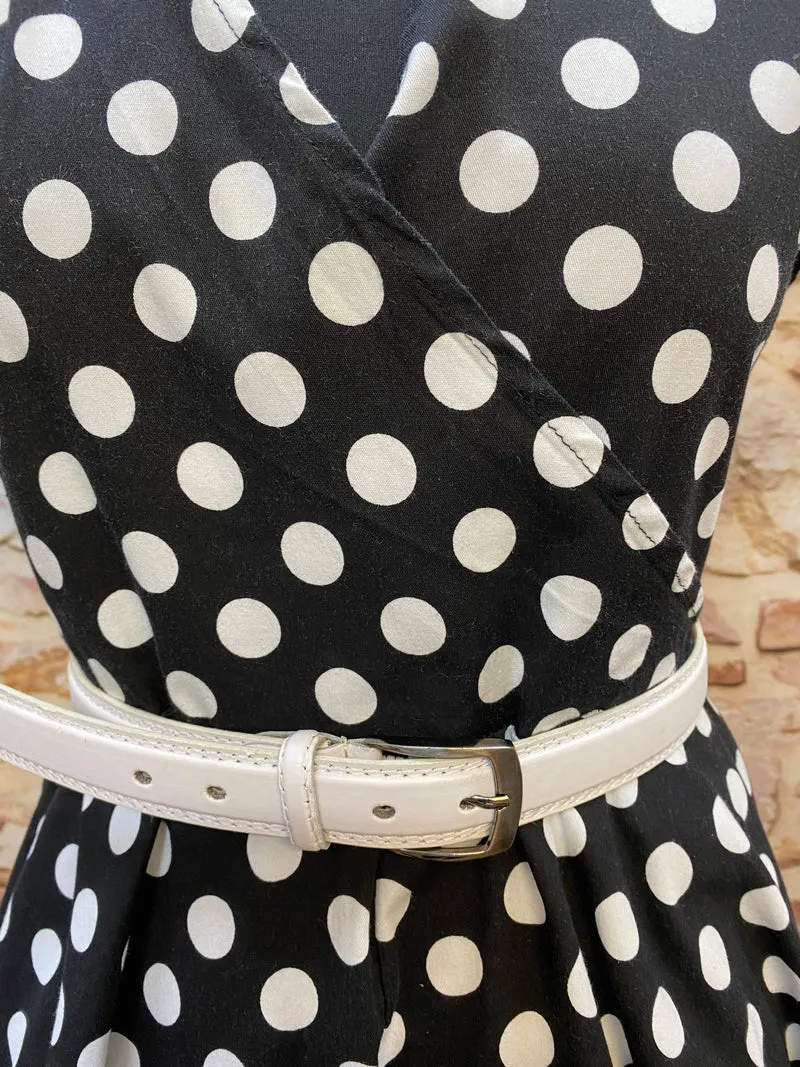 50er Jahre Kleid Schwarz Weiß Gr. 42 – gepunktetes Rockabilly Kleid mit weißem Gürtel
