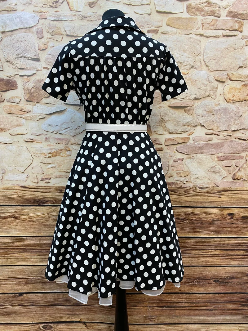 50er Jahre Kleid Schwarz Weiß Gr. 42 – gepunktetes Rockabilly Kleid mit weißem Gürtel
