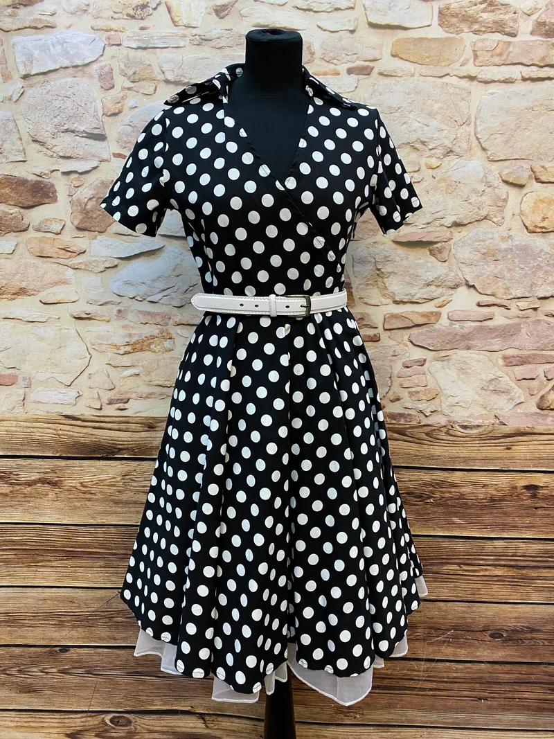 50er Jahre Kleid Schwarz Weiß Gr. 42 – gepunktetes Rockabilly Kleid mit weißem Gürtel