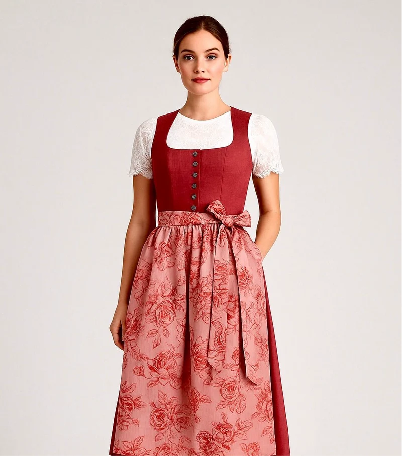 Dirndl Goldstich blassrot Blumen 70cm
