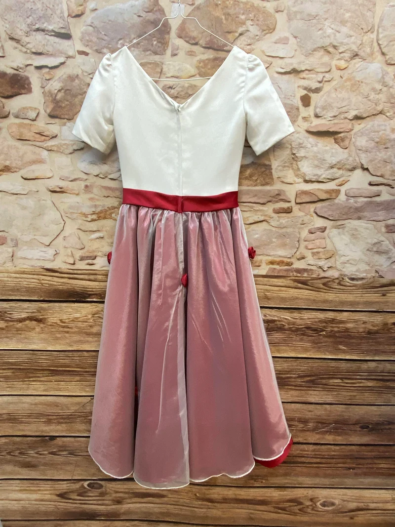 50er Jahre Kleid Gr. 32 – Creme-Rosa Abendkleid mit roter Schleife