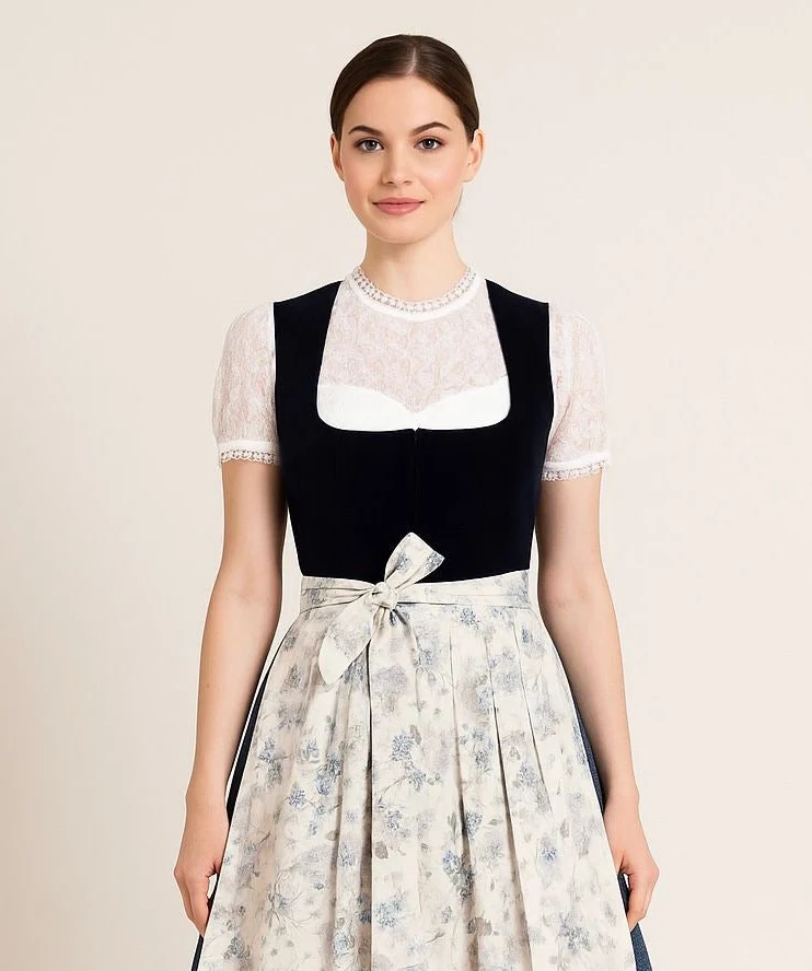 Dirndl Goldstich Samt dunkelblau mit Blumenschürze 75cm