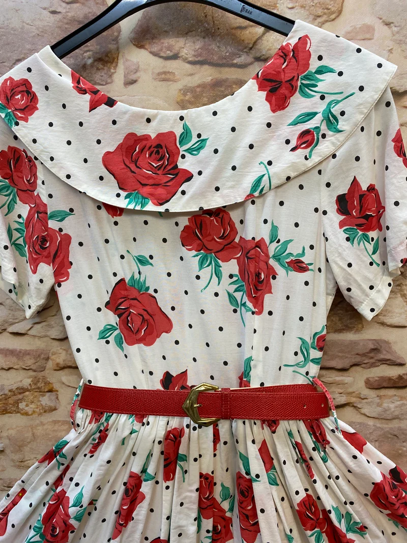 Original 50er Jahre Kleid Damen Vintage Rosen & Polka Dots – handgefertigtes Unikat Gr. 34