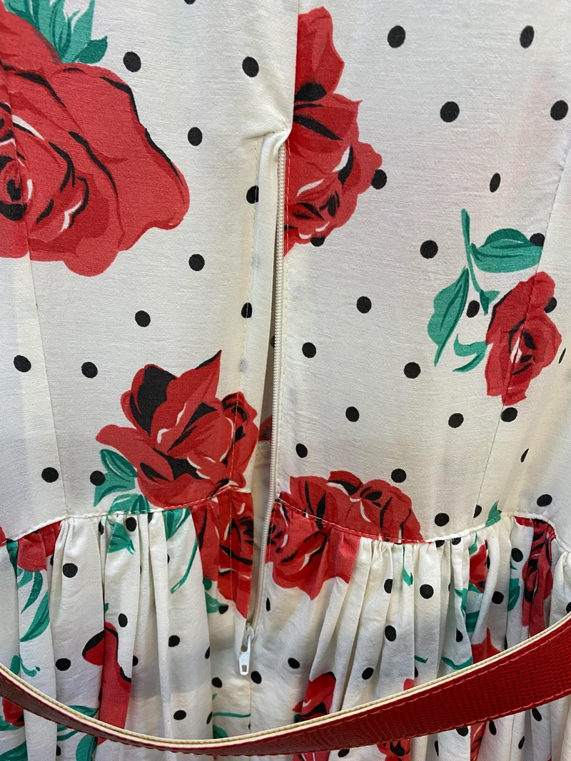 Original 50er Jahre Kleid Damen Vintage Rosen & Polka Dots – handgefertigtes Unikat Gr. 34