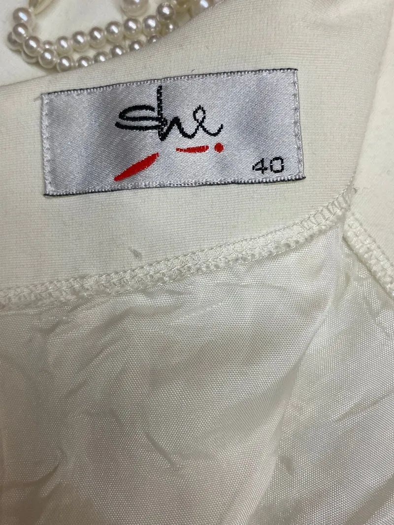 Vintage Etuikleid ivory Perlen Ausschnitt Gr. 40 elegant