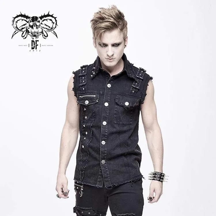 Herren Punk Nieten Ripped Denim Weste