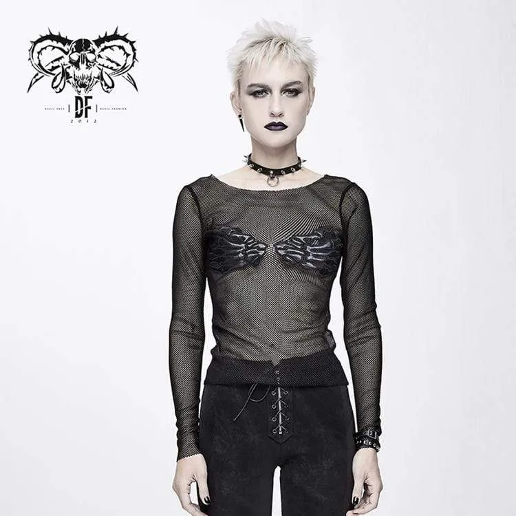 Frauen Goth Skull Sheer Mesh Tops