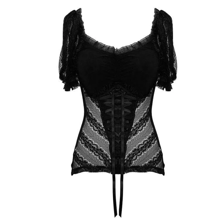 Frauen Goth Sheer Lace Puff Sleeved Tops