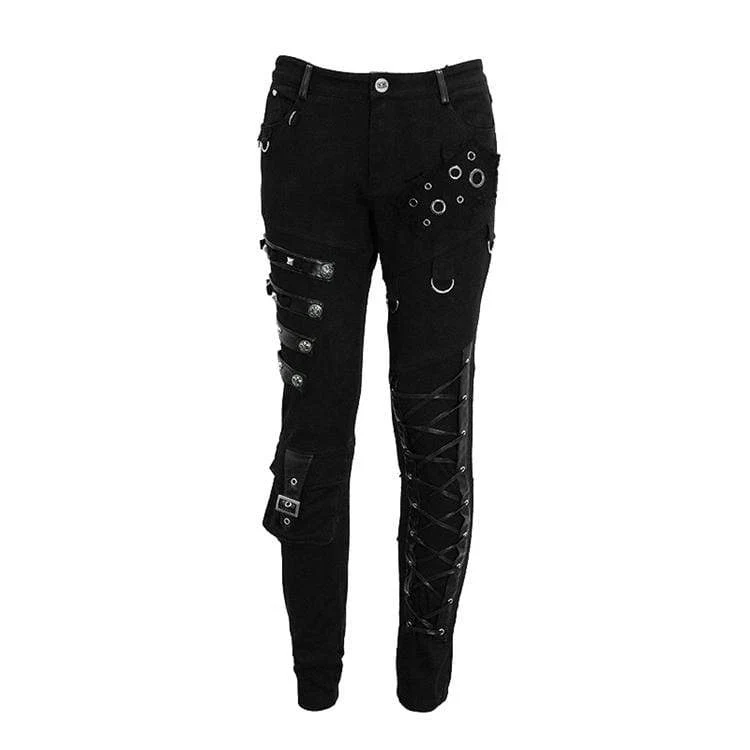Herren Punk Schnürung Träger Straight-Leg Hose