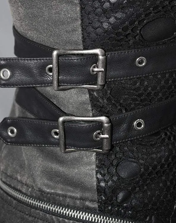 Damen Punk Stehkragen Nieten Schnürung Kunstpelz Jacke