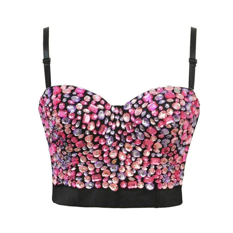 Damen Volltonfarbe Strass Perlen Push Up BH besetzt Gem Clubwear Party Bustier Crop Top
