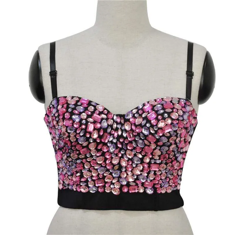 Damen Volltonfarbe Strass Perlen Push Up BH besetzt Gem Clubwear Party Bustier Crop Top