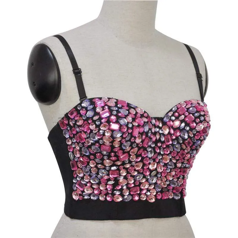 Damen Volltonfarbe Strass Perlen Push Up BH besetzt Gem Clubwear Party Bustier Crop Top