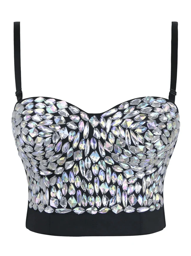 Damen Volltonfarbe Strass Perlen Push Up BH besetzt Gem Clubwear Party Bustier Crop Top