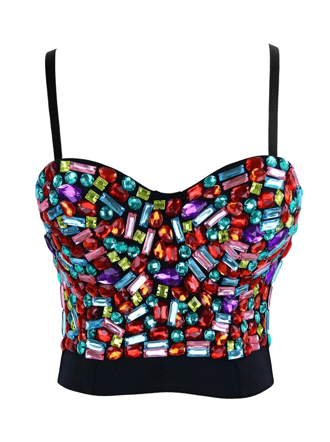 Frauen bunte Strass Push Up Bra Clubwear Party Bustier Crop Top