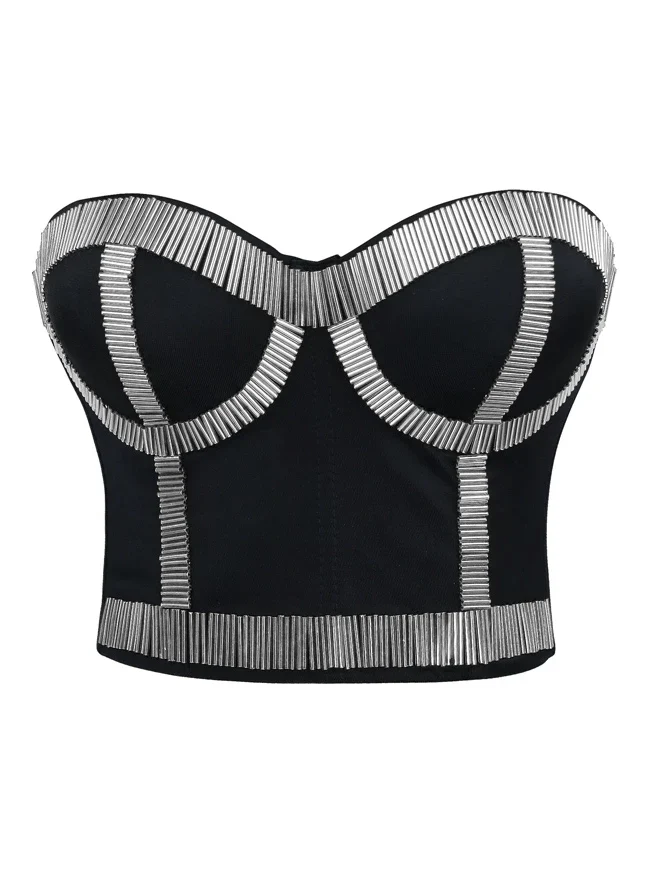 Damen Punk Metallic Stick Clubwear Party Bustier BH bauchfreies Oberteil