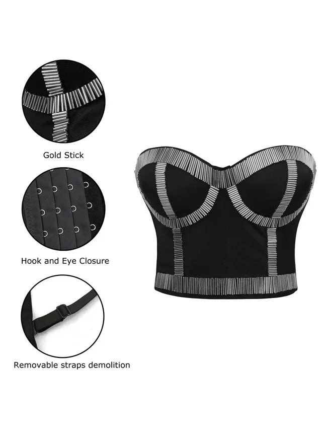 Damen Punk Metallic Stick Clubwear Party Bustier BH bauchfreies Oberteil