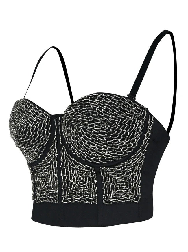 Damen Steampunk Metallic Perlen Push Up Clubwear Bustier Crop Top BH