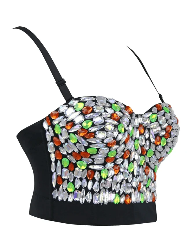 Damen Spaghettiträgern Strass Perlen Push Up BH besetzt Gem Clubwear Party Bustier Crop Top