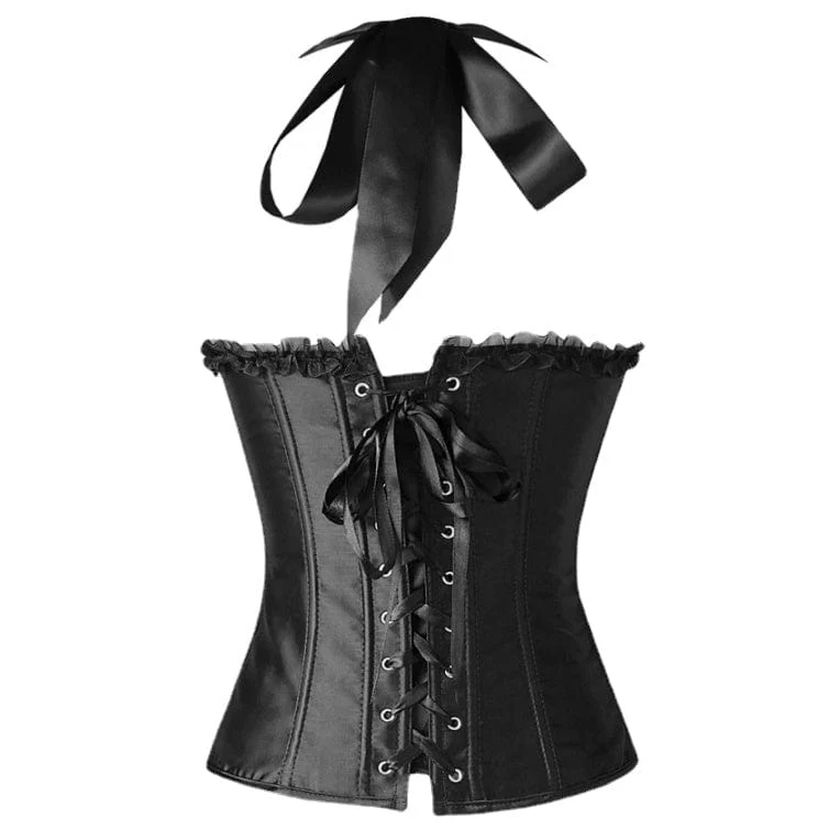 Damen Burlesque Vintage Satin Neckholder ohne Knochen Reißverschluss Bustier Korsett Top