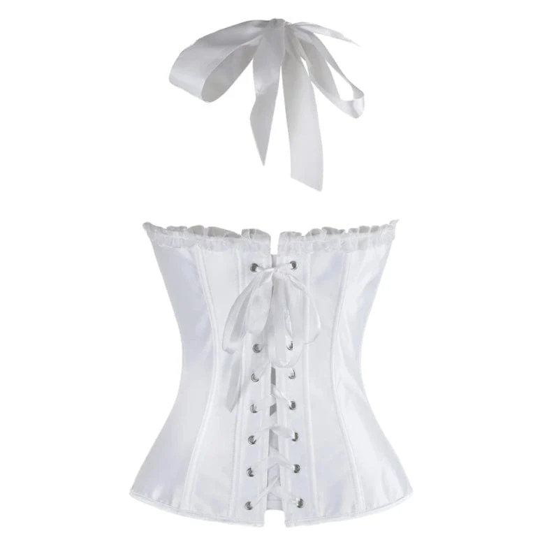 Damen Burlesque Vintage Satin Neckholder ohne Knochen Reißverschluss Bustier Korsett Top