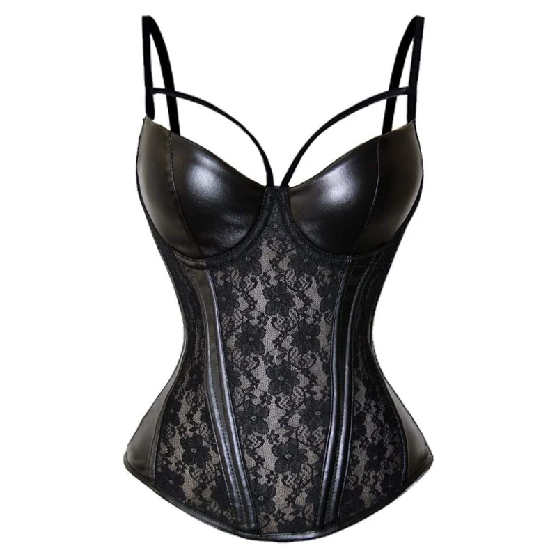 Damen Steampunk Gothic Kunstleder Lace Korsett Bustier