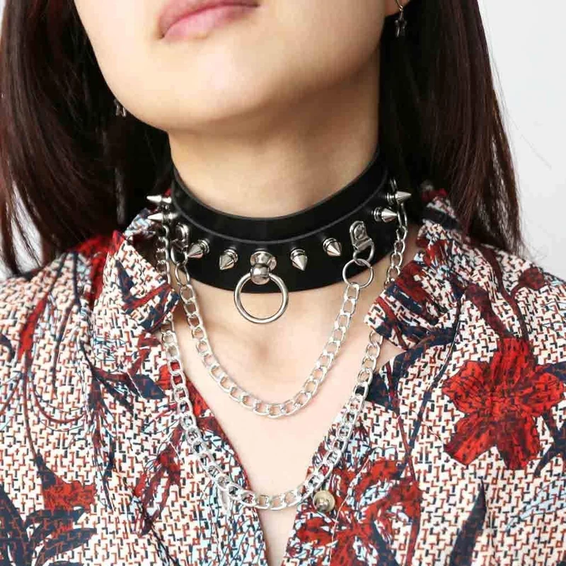 Damen Gothic Nieten & Ketten Breite Halsreifen