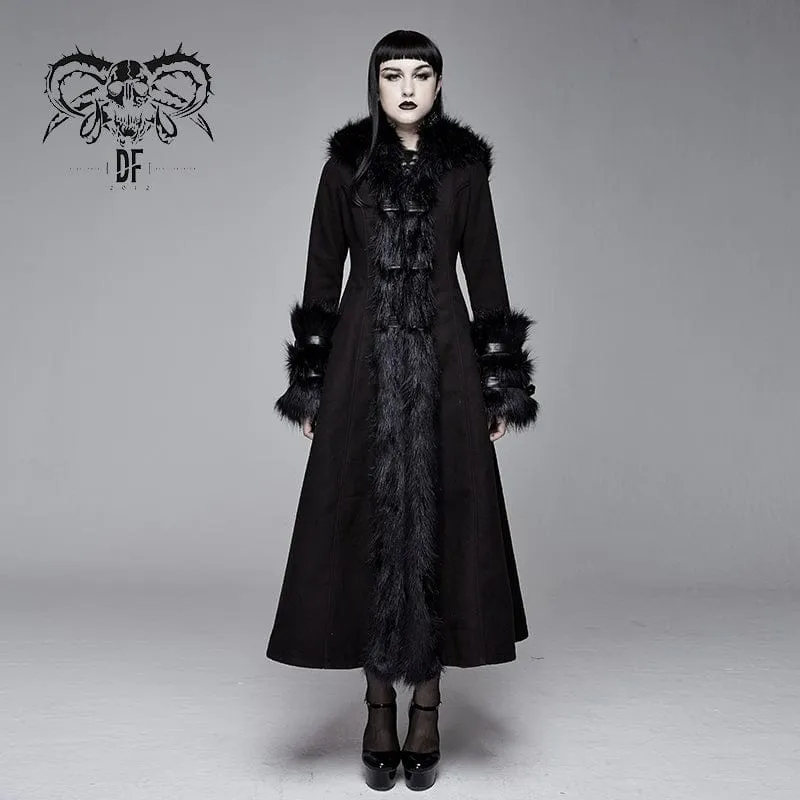 Gothic schwarze Kapuzenkleider für Damen mit abnehmbaren, flauschigen Accessoires