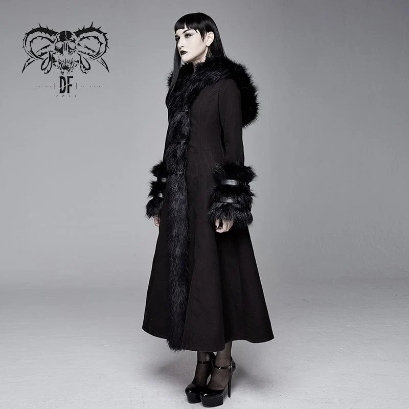 Gothic schwarze Kapuzenkleider für Damen mit abnehmbaren, flauschigen Accessoires