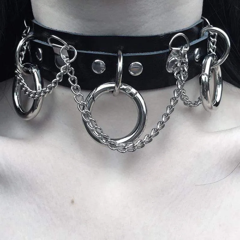Damen Punk Metall Ketten Kunstleder breites Halsband mit drei Ringen