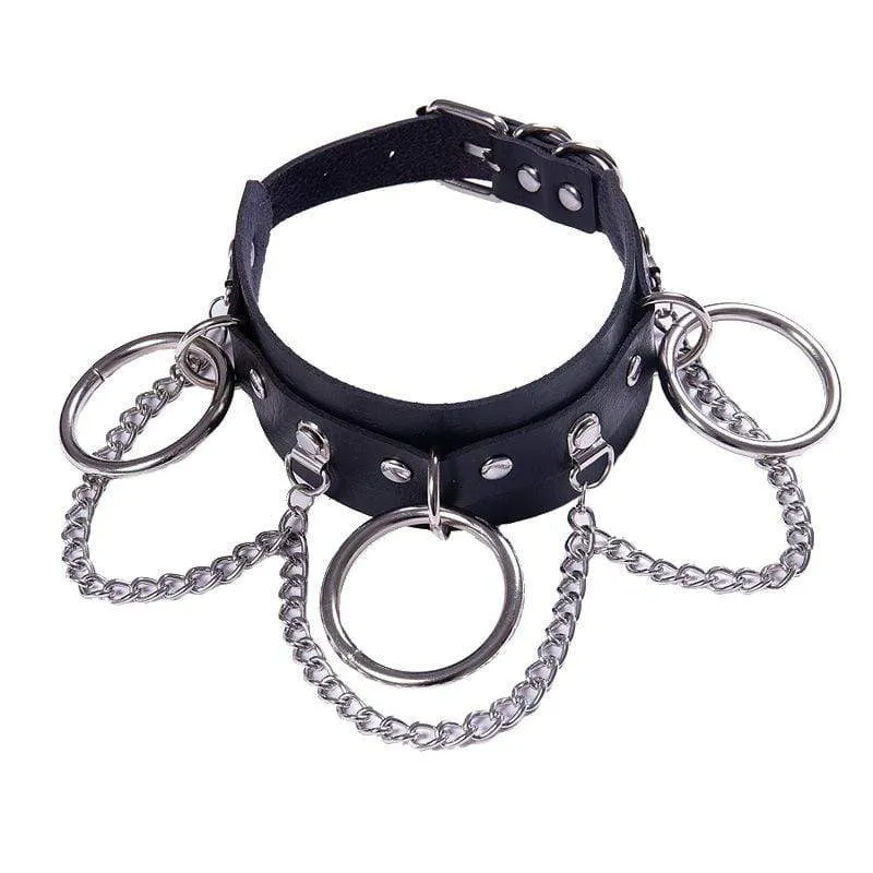 Damen Punk Metall Ketten Kunstleder breites Halsband mit drei Ringen