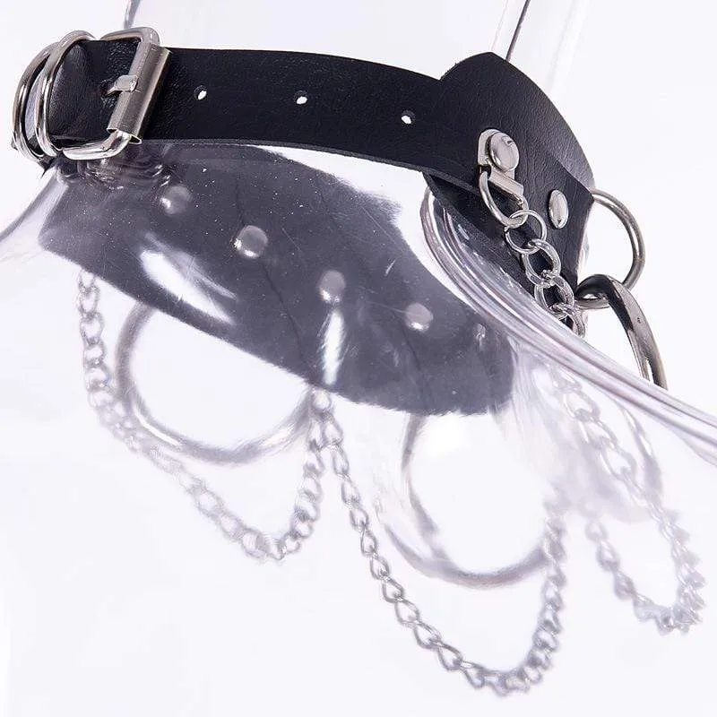 Damen Punk Metall Ketten Kunstleder breites Halsband mit drei Ringen