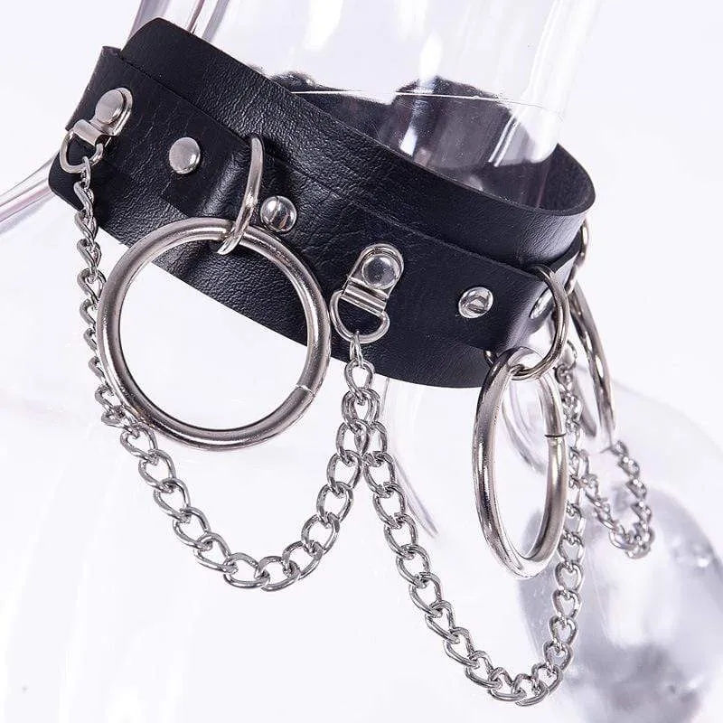Damen Punk Metall Ketten Kunstleder breites Halsband mit drei Ringen
