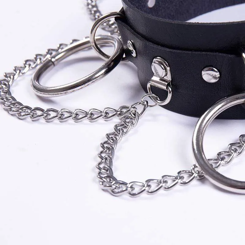 Damen Punk Metall Ketten Kunstleder breites Halsband mit drei Ringen
