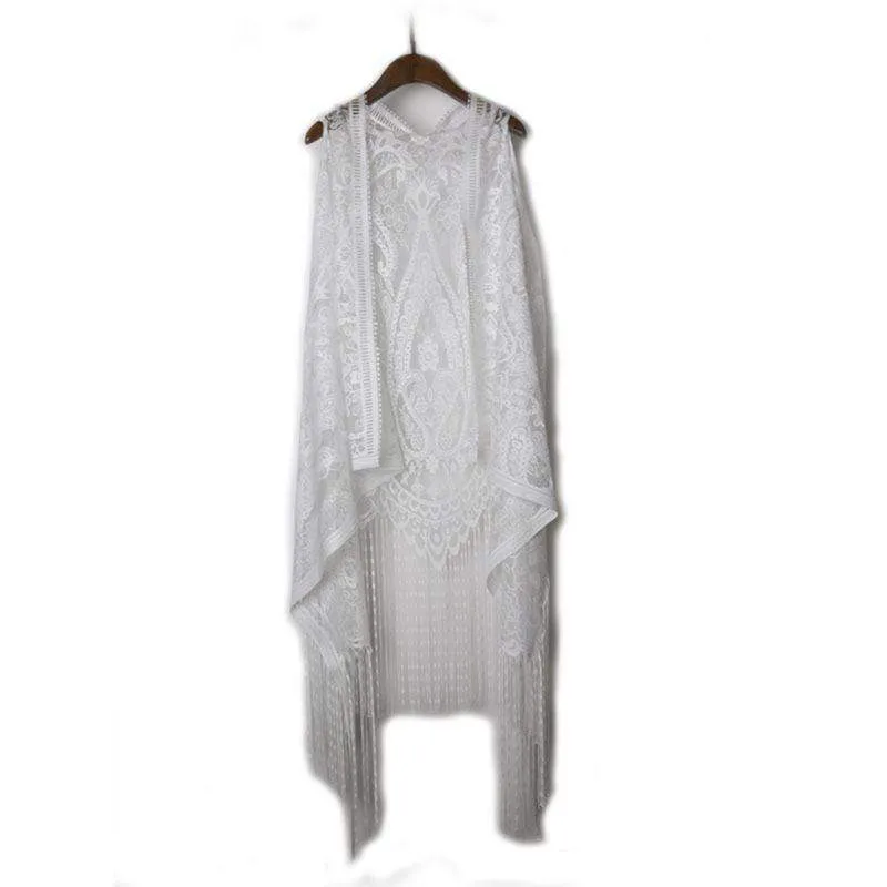 Damen schiere Flare Lace Fransen häkeln schwarze Westen