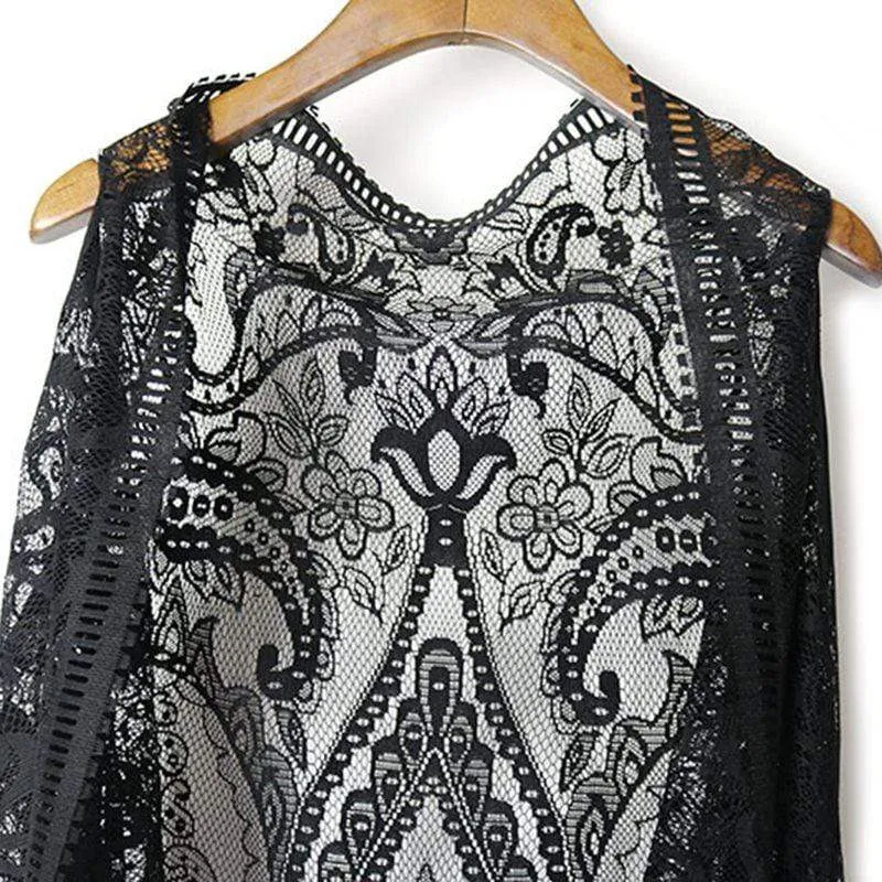 Damen schiere Flare Lace Fransen häkeln schwarze Westen