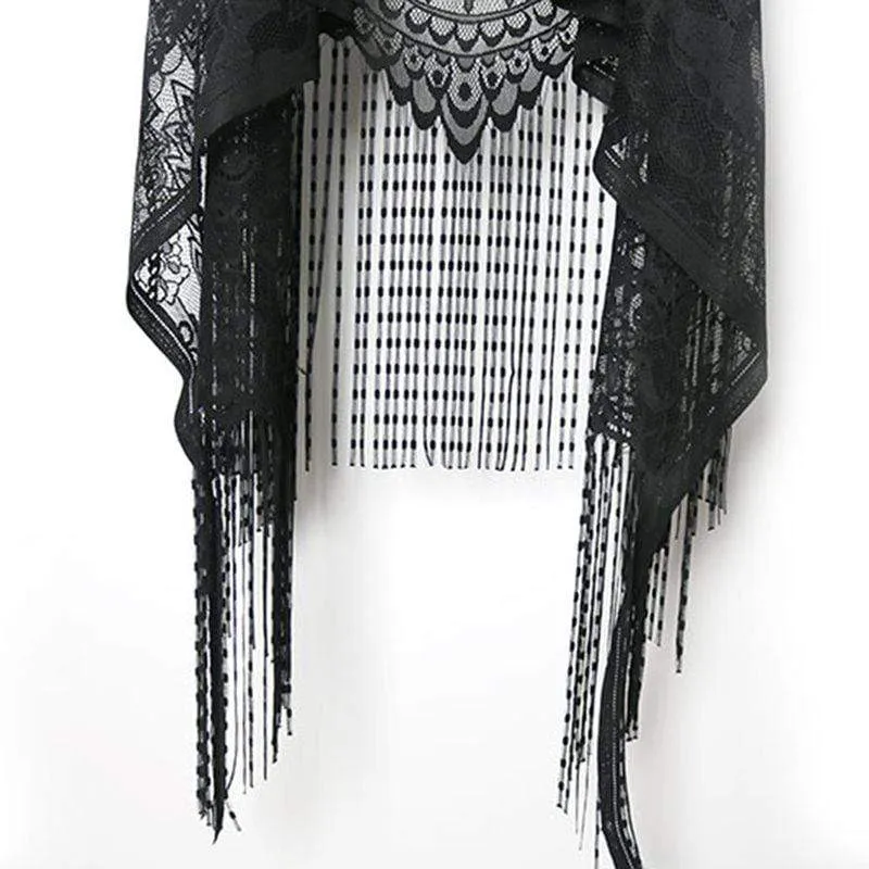 Damen schiere Flare Lace Fransen häkeln schwarze Westen
