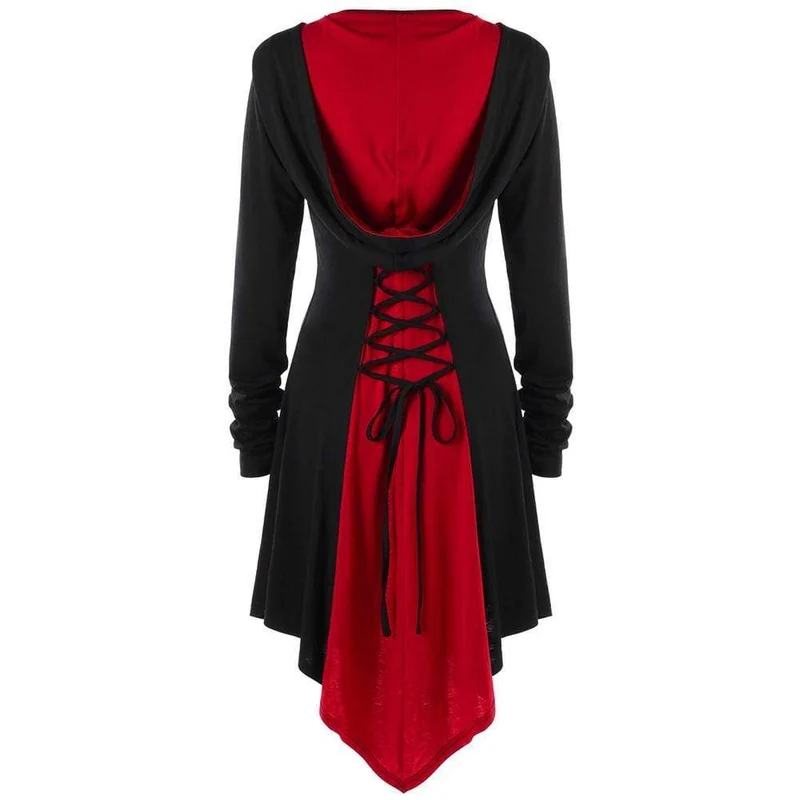 Frauen Gothic Buckles Full Sleeved Hooded unregelmäßigen Saum Strickjacke Mäntel