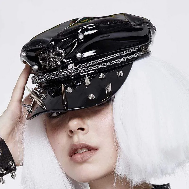 Damen Punk Nieten Schädel Kunstleder Cap