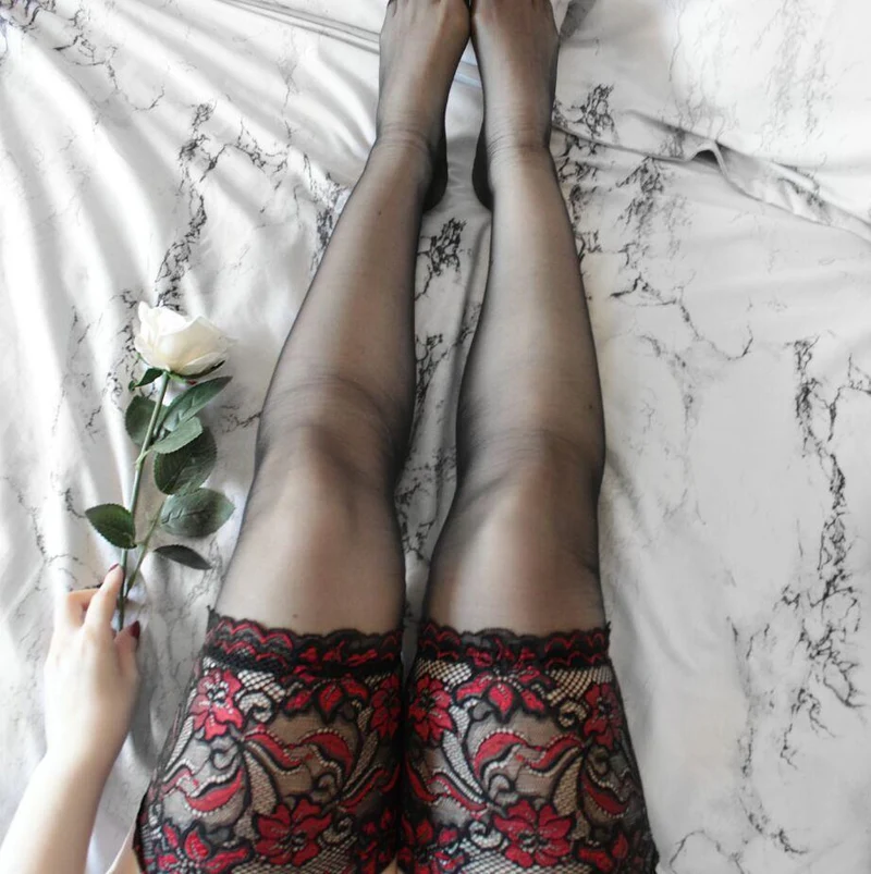 Damen Feinstrumpf Mit Blumenspitzensaum