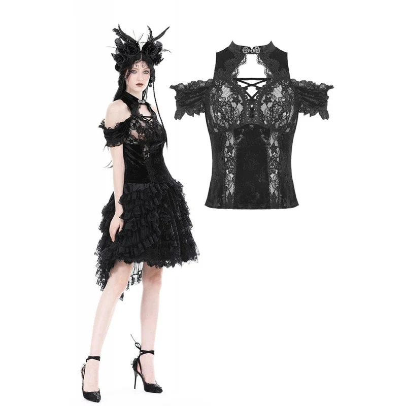 Schulterfreies, schulterfreies Gothic-Top aus Samt mit Spitzenspleiß für Damen