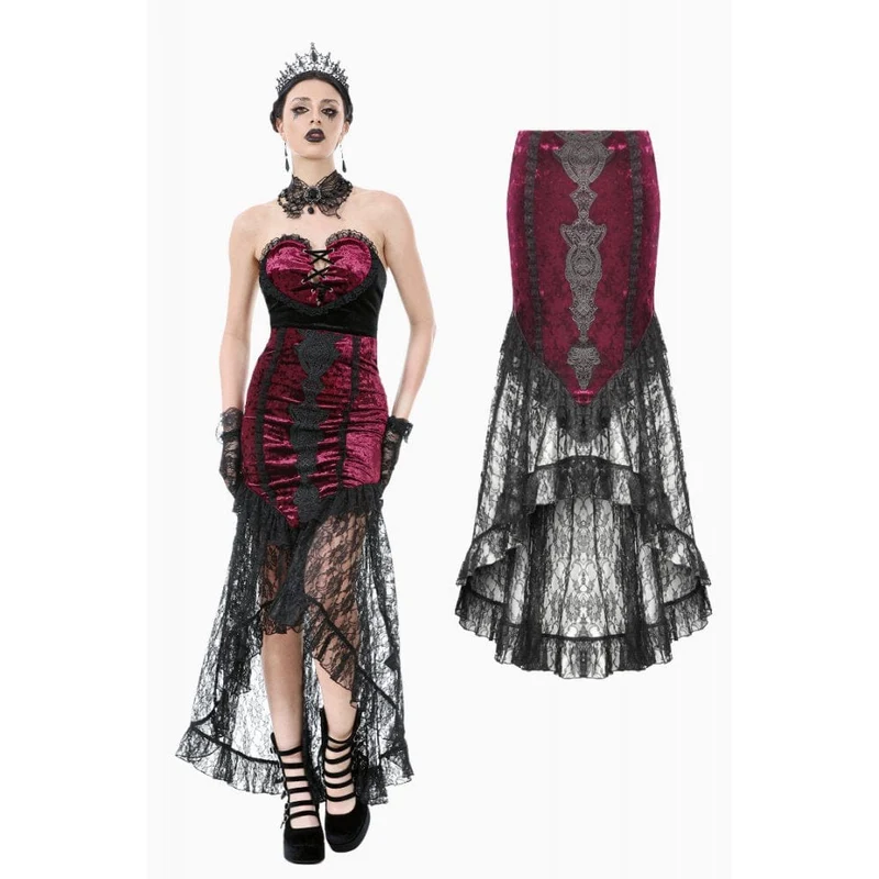Gothic Maxirock mit Blumenstickerei und hoher/niedriger Spitze für Damen