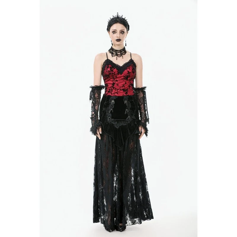 Damen Gothic Rüschen Samt Transparenter Spitzen Maxirock