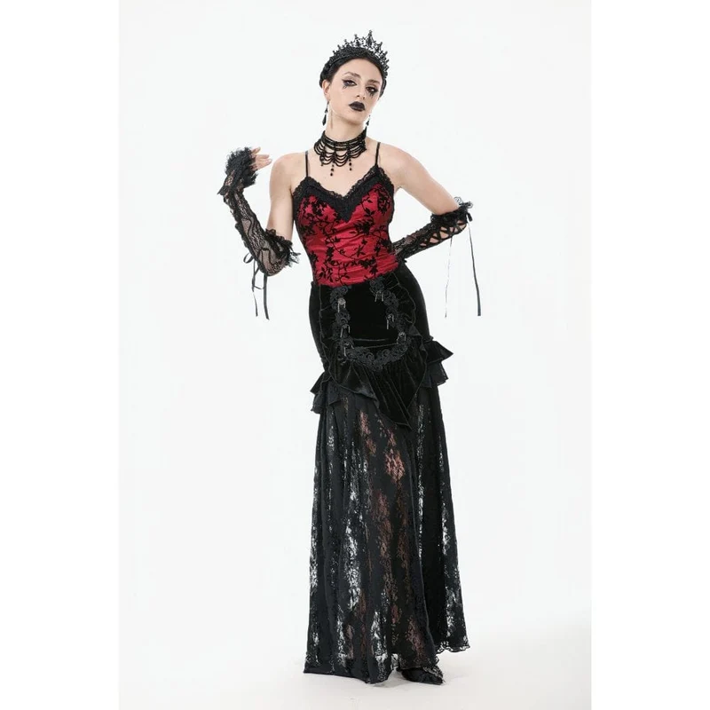Damen Gothic Rüschen Samt Transparenter Spitzen Maxirock