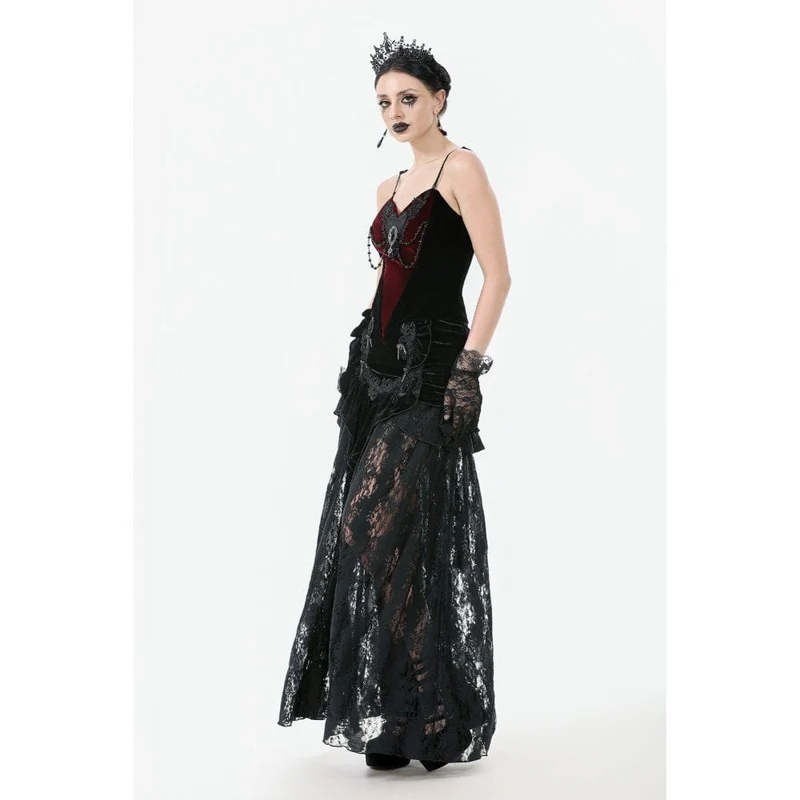 Damen Gothic Rüschen Samt Transparenter Spitzen Maxirock