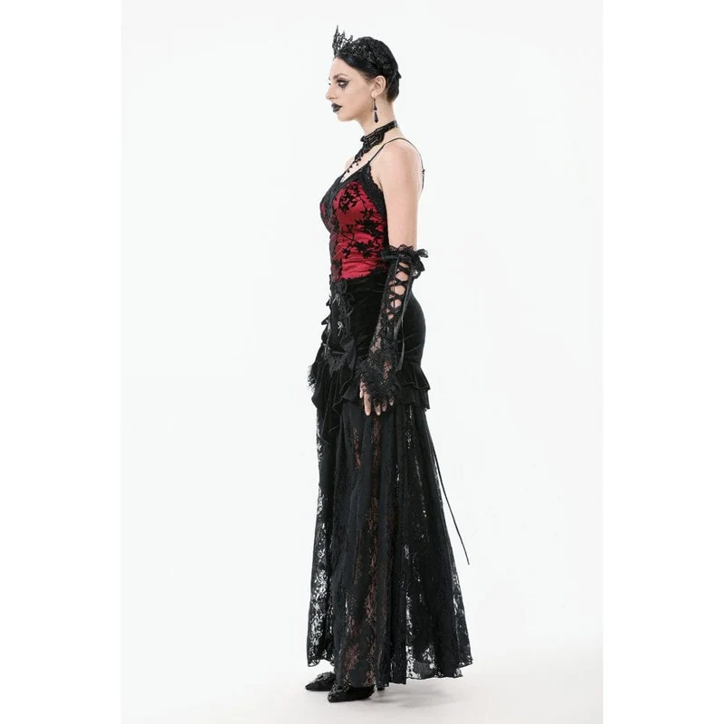 Damen Gothic Rüschen Samt Transparenter Spitzen Maxirock