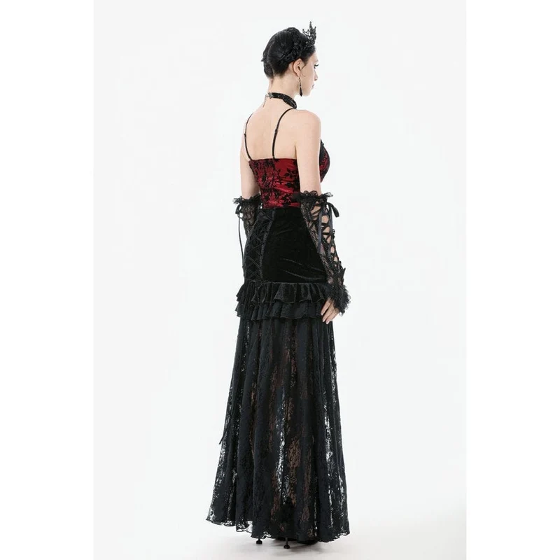 Damen Gothic Rüschen Samt Transparenter Spitzen Maxirock