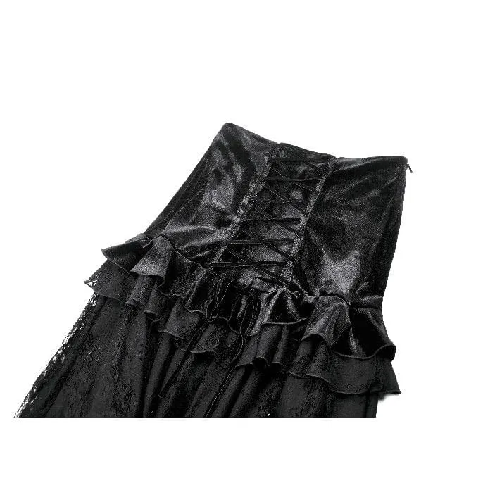 Damen Gothic Rüschen Samt Transparenter Spitzen Maxirock