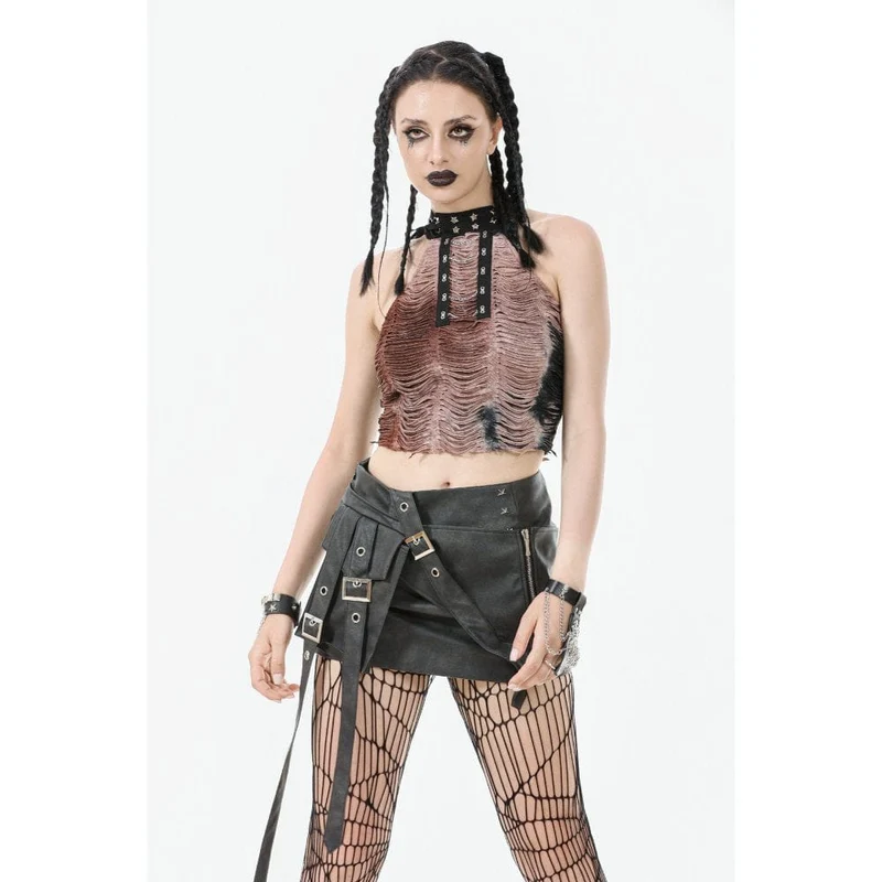 Kurzer Rock aus Kunstleder mit Punk-Trägern für Damen